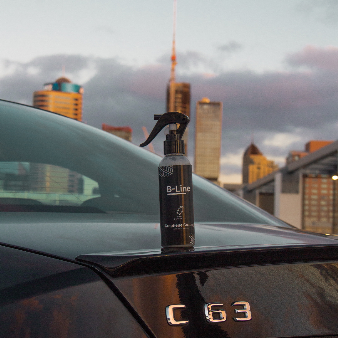 B-Line Graphene Coating Spray - B-Line Car Care C63 with upward sunset shot of B-Line Graphene Coating. The easiest and best coating you can apply yourself at home.