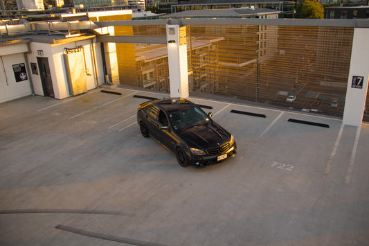 B-Line Mercedes C63 Shiny car with Graphene Coating applied top angle carpark