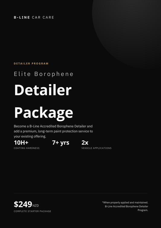A promotional graphic for B-Line Car Care Elite Borophene Detailer Package on a black background. White and gold text highlights key details: 10H+ coating hardness, 7+ years, and 2x vehicle applications, with the package price of $249 listed at the bottom left.