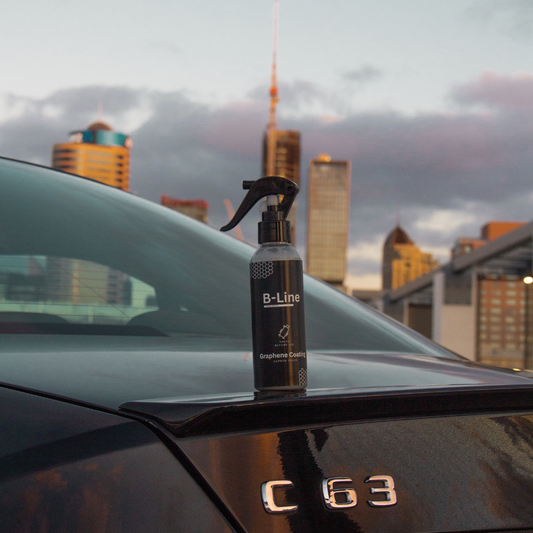 B-Line Graphene Coating Spray - B-Line Car Care C63 with upward sunset shot of B-Line Graphene Coating. The easiest and best coating you can apply yourself at home.